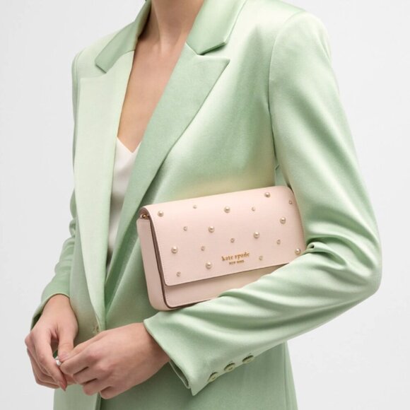 Kate Spade Purl Pearl Flap Shoulder Bag Beige Clutch Chain Wallet Crystals - Picture 4 of 14